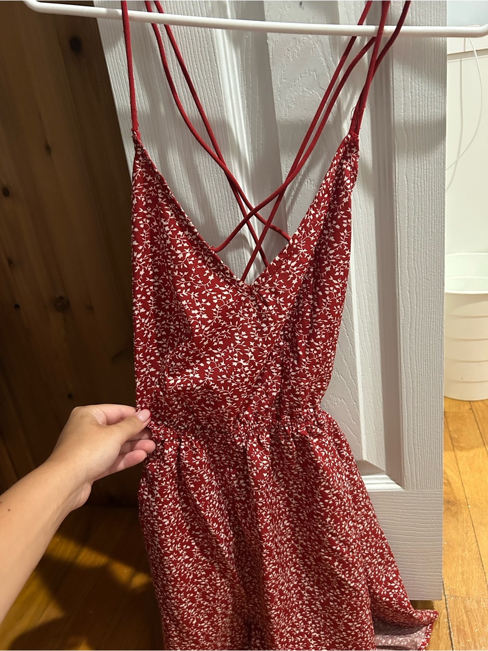 Red Floral Crisscross Spaghetti Strap romper